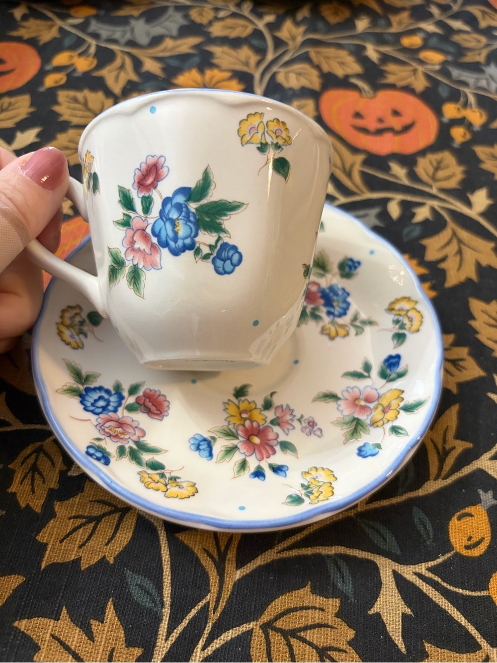 Porcelain Floral Teacup & Saucer Set - White with Blue, Pink & Yellow Flowers